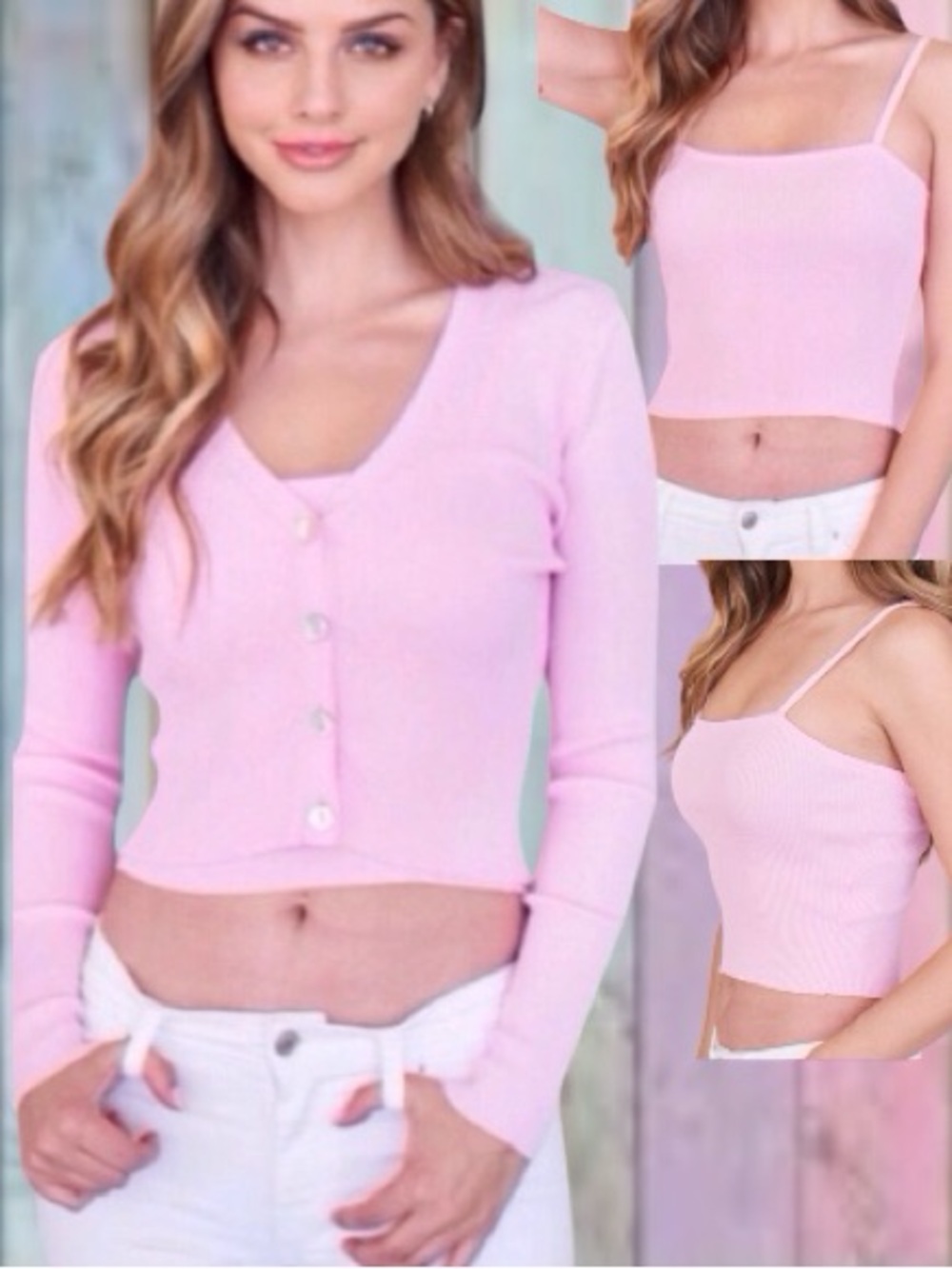 Renemed Pink V-neck Button Down Ribbed Cami & Cardigan Bundle 2 Piece Set NWT